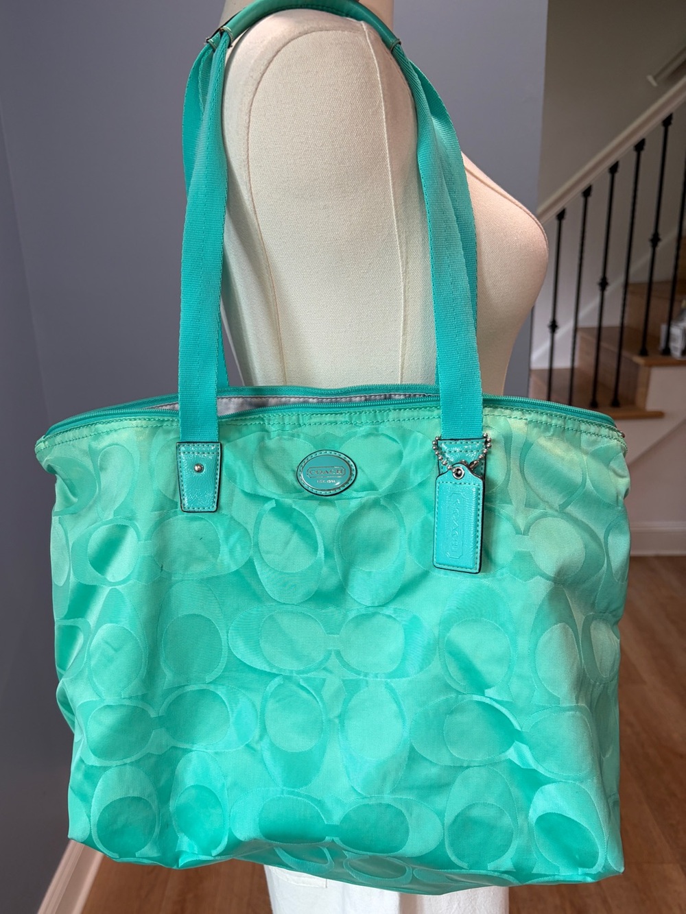 Coach Signature Nylon Tote Aqua/Turquoise Large Zip Top Tote Bag